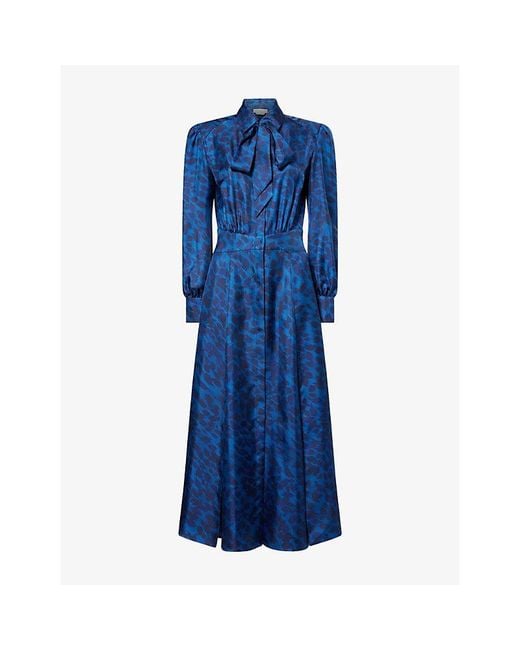 Gabriela Hearst Blue Phelan Bow-Collar Silk Midi Dress
