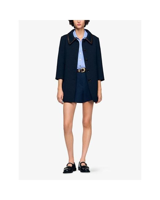 Sandro Blue Side-Pocket Leather-Trim Woven Coat