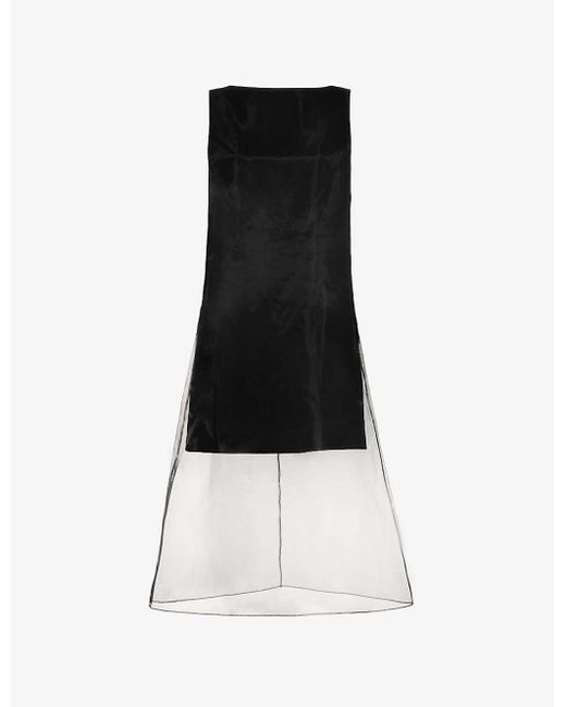 Theory Black Sheer-overlay A-line Linen-blend Midi Dress