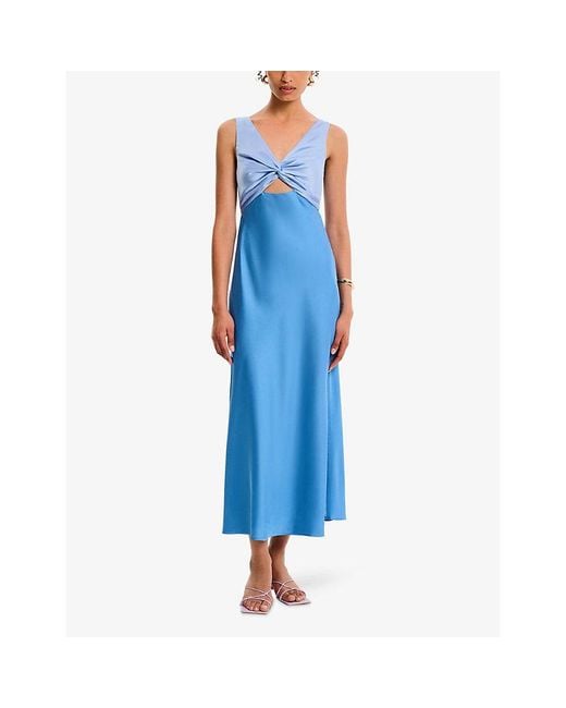 OMNES Blue Maggy V-Neck Cut-Out Sleeveless Satin Midi Dress