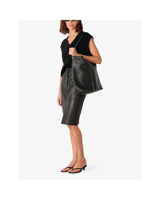 Whistles Gray Split-Hem Mid-Rise Leather Midi Skirt
