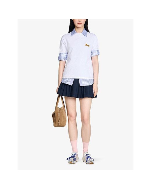 Sandro White Horse-Embroidered Short-Sleeved Cotton-Jersey T-Shirt