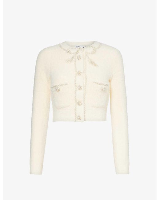 Self Portrait White Sequin embellished Bow Woven Cardigan