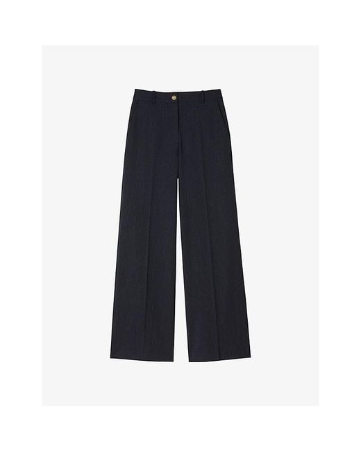 Sandro Blue Striped Straight-Leg Stretch Wool-Blend Trousers