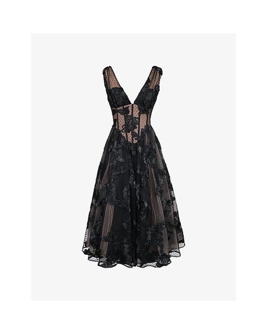 House Of Cb Black Sianna Plunge-Neck Embroidered Woven Midi Dress