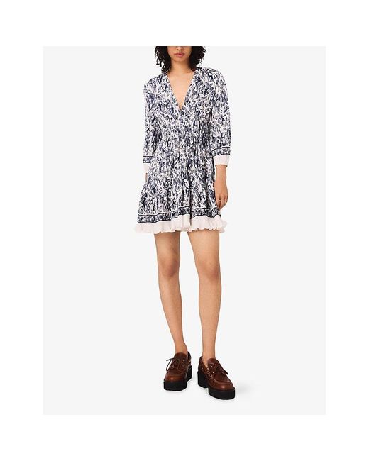 Maje Blue Fruit-Print Elasticated-Waist Pleated Woven Mini Dress