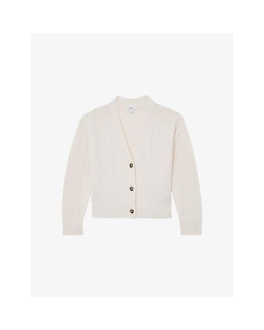 Reiss White Lottie Chevron-Stitch Wool And Cashmere Cardigan
