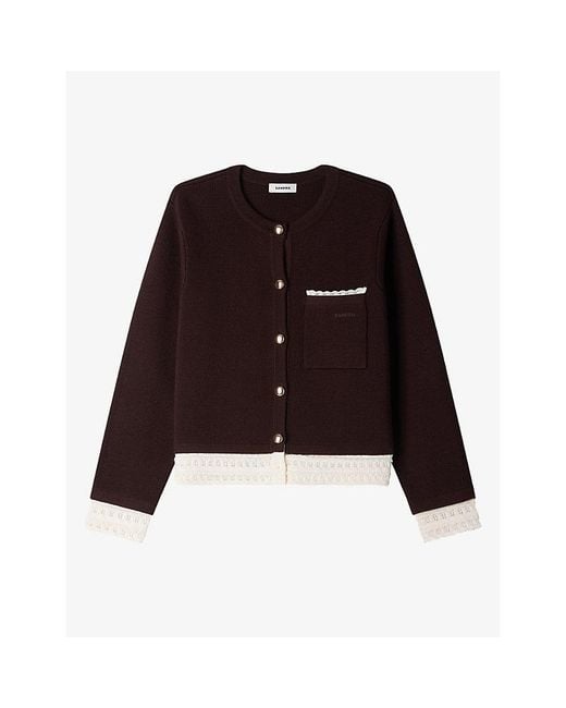Sandro Purple Lace-Trim Wool-Blend Cardigan