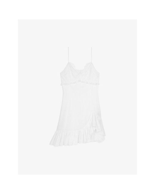 The Kooples White Lace-Embroidered Frill-Hem Woven Mini Dress