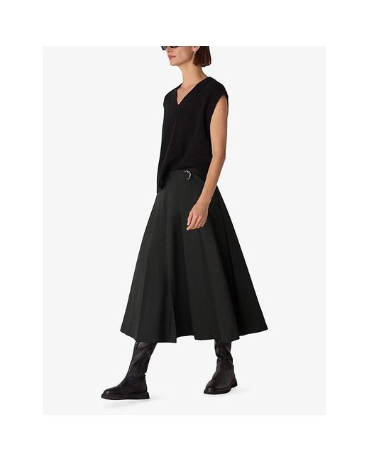 Whistles Black Buckle-Embellished Pleated Stretch Wool-Blend Midi Skirt