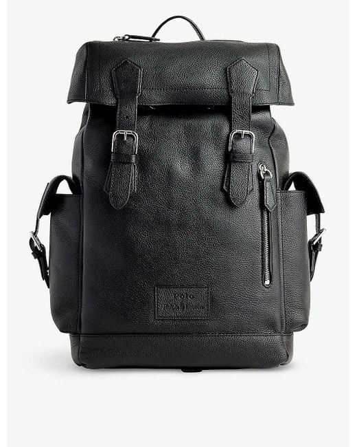 Polo Ralph Lauren Black Brand-patch Flap-over Leather Backpack for men