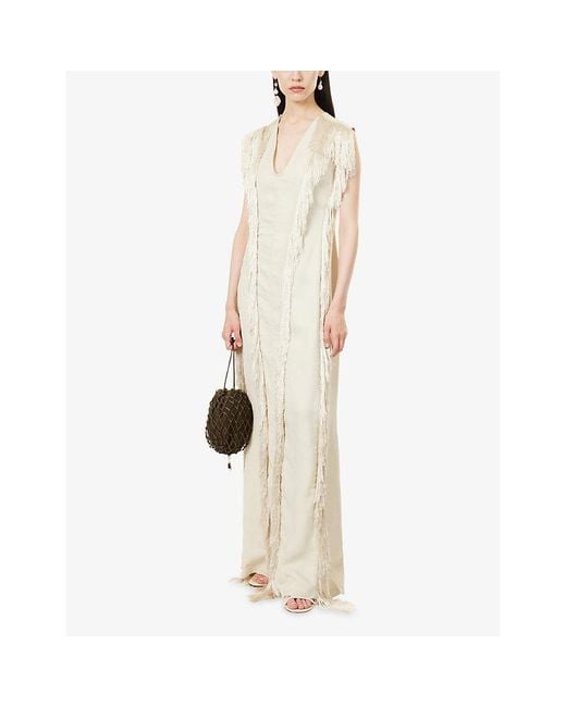 Rebirth Natural Sleeveless Fringed Woven Maxi Dress