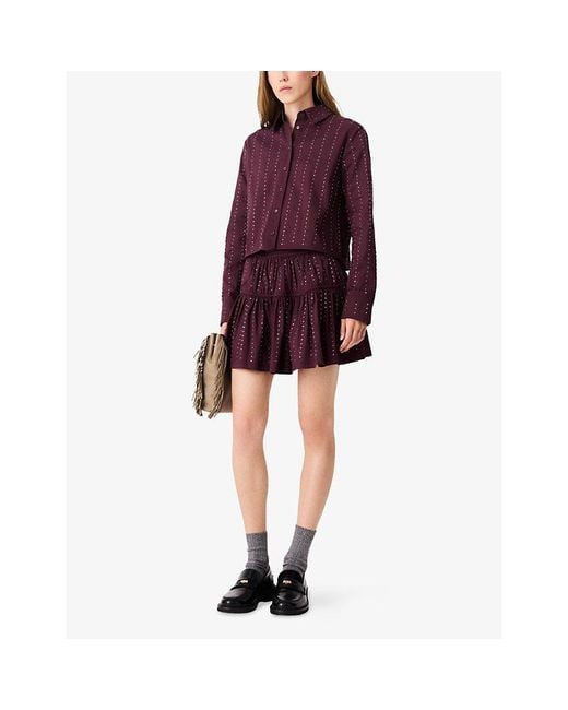 Maje Purple Rhinestone Elasticated-Waist Stretch Cotton-Blend Mini Skirt