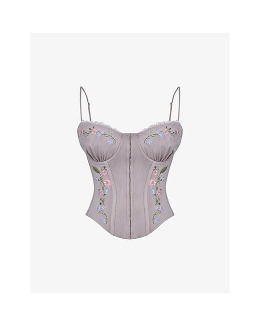 House Of Cb Petunia Floral-embroidered Stretch-woven Corset in Gray
