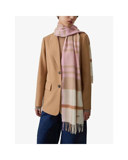 Mulberry Pink Check-pattern Logo-embroidered Wool Scarf