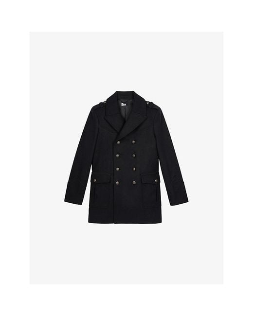 The Kooples Blue Officer-Style Double-Breasted Wool-Blend Pea Coat for men