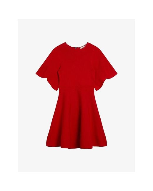 Ted Baker Red Oliviha Fluted-sleeve Ribbed Stretch-knit Mini Dress