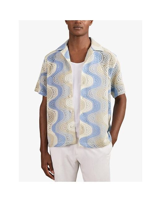 Reiss Blue Wilson Wave-Motif Short-Sleeve Crochet Shirt for men