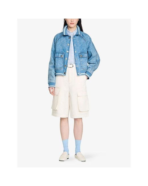 Sandro Blue Relaxed-Fit Contrast-Trim Denim Jacket
