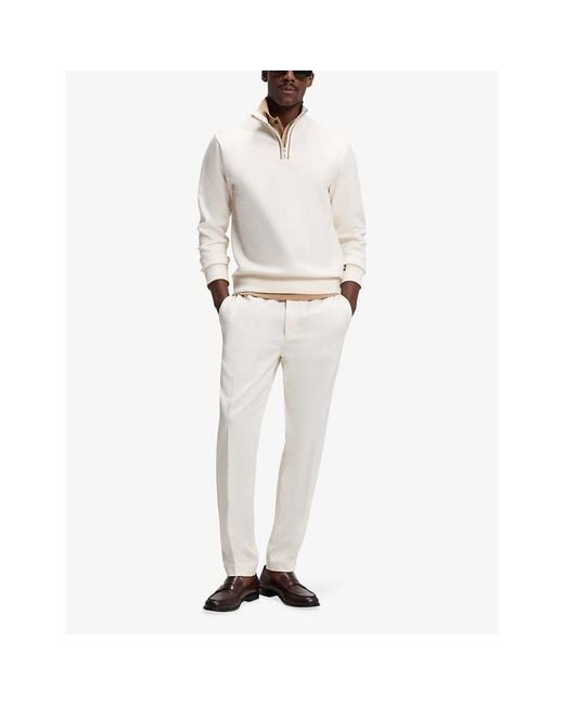 Boss White Funnel-Neck Half-Zip Cotton Sweatshirt for men