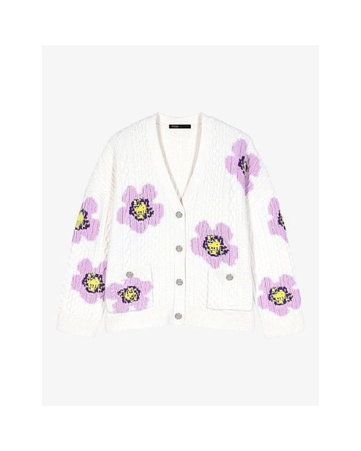 Maje Pink Flower-motif Relaxed-fit Stretch-knit Cardigan