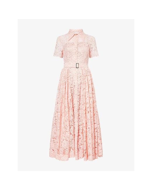 Mona Alshebil Pink Semi-Sheer Belted Lace Maxi Dress