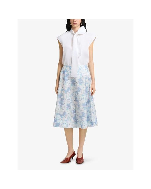 Marni Blue Floral-Print Cotton Midi Skirt
