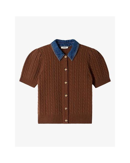 Sandro Brown Denim-Collar Short-Sleeve Wool And Cashmere-Blend Cardigan