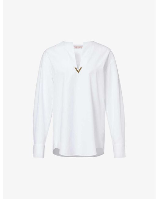 Valentino Garavani White V-neck Logo-plaque Cotton-poplin Top