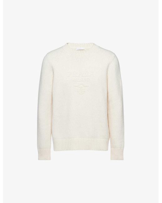 Prada White Brand-embroidered Crewneck Wool And Cashmere-blend Jumper for men