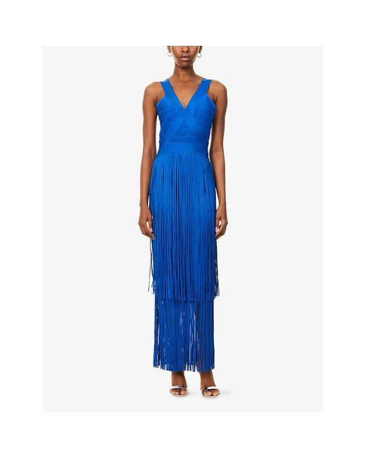 Hervé Léger Blue The Brigitte Fringed Stretch-Knitted Maxi Gown
