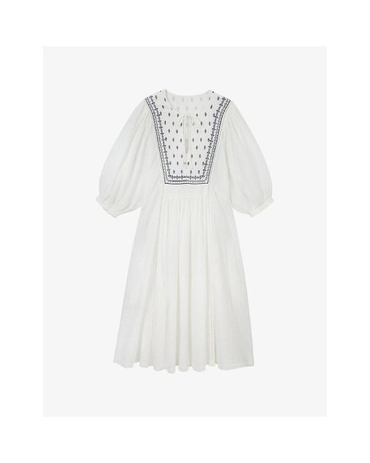 The White Company White Tie-neck Embroidered Organic-cotton Midi Dress