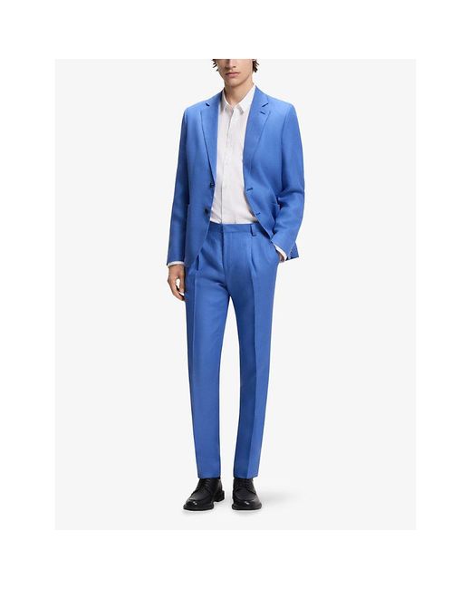 HUGO Blue Single-Breasted Slim-Fit Linen Suit for men