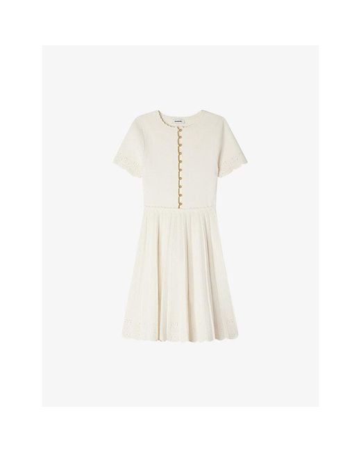 Sandro White Pointelle-Detail Scalloped-Trim Stretch-Knit Mini Dress