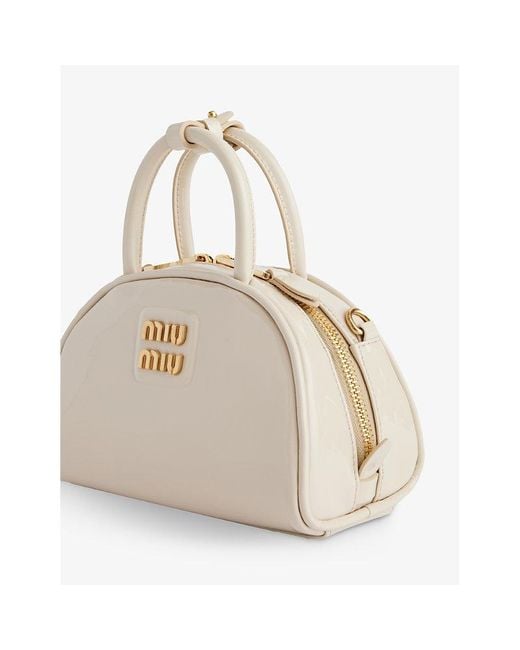Miu Miu Natural Vernice Branded Leather Top-handle Bag
