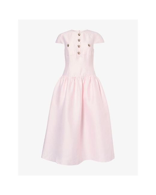 Self-Portrait Pink Buttoned Short-Sleeve Taffeta Midi Dress