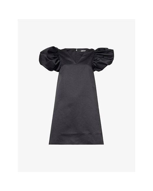 ROTATE BIRGER CHRISTENSEN Black Puff-Sleeve A-Line Satin Mini Dress