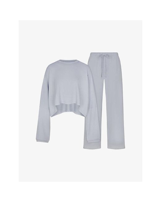 Skims Blue Sleep Cropped Stretch-Modal Henley Set