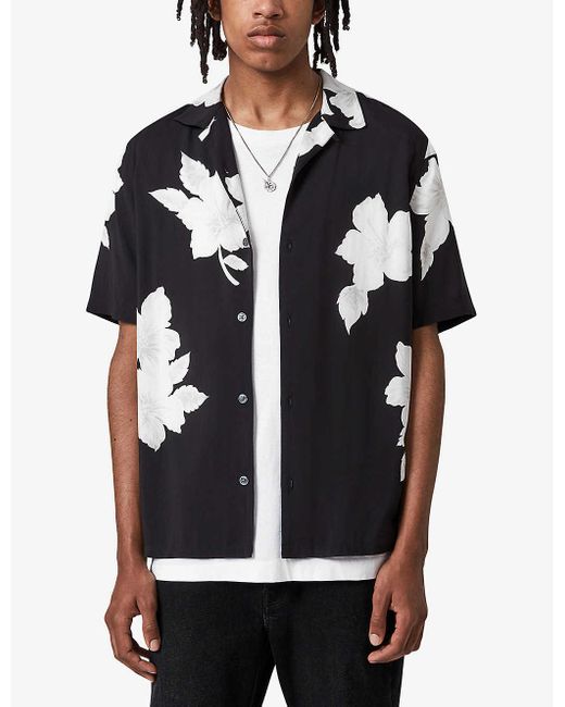 AllSaints Mens Jet Black Bouquet Floral-print Relaxed-fit Woven Shirt Xl  for Men | Lyst