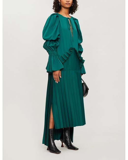 Khaite Green Cara Oversized Ruffled Pleated Satin-crepe Maxi Dress