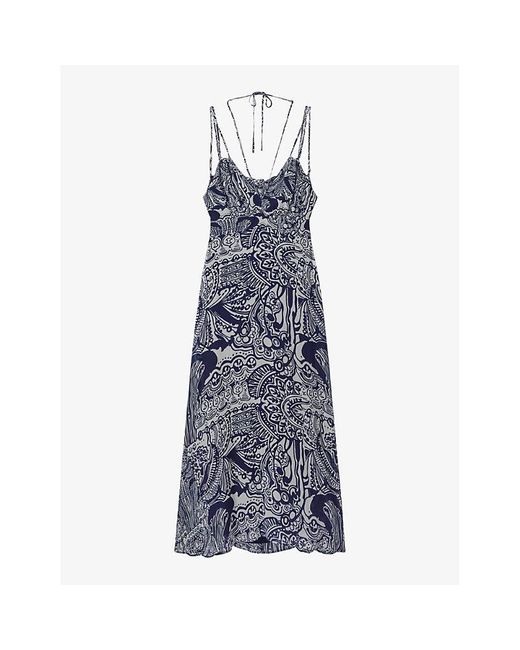 Reiss Blue Quinn Graphic-print Side-split Woven Midi Dress