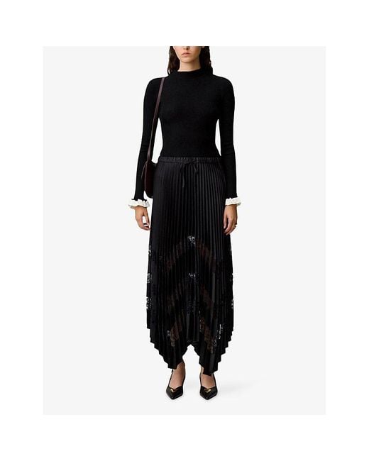 Claudie Pierlot Black Pleated Lace-Embroidered Satin Midi Skirt