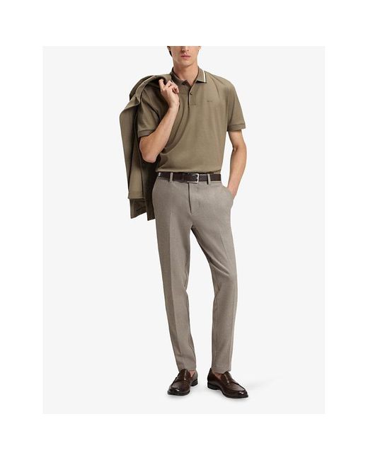 Boss Gray Herringbone Slim-Leg Stretch-Woven Trousers for men