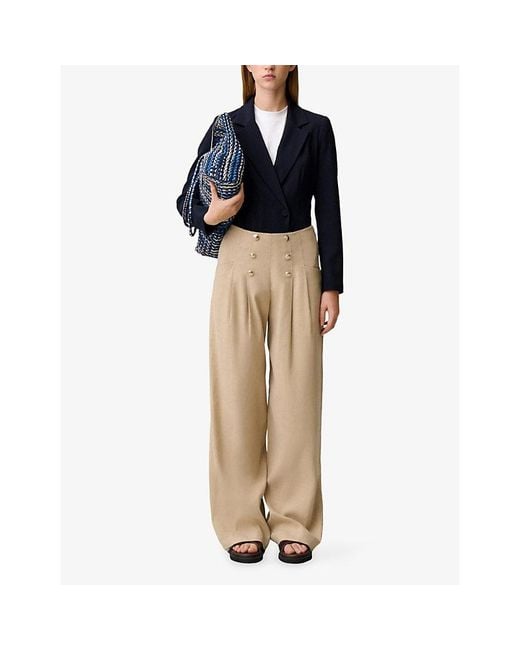 Claudie Pierlot Natural Wide-Leg Button-Front Linen-Blend Trousers