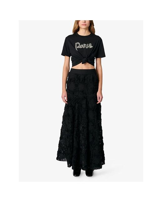 Maje Black Floral-Appliqué Elasticated-Waist Woven Maxi Skirt