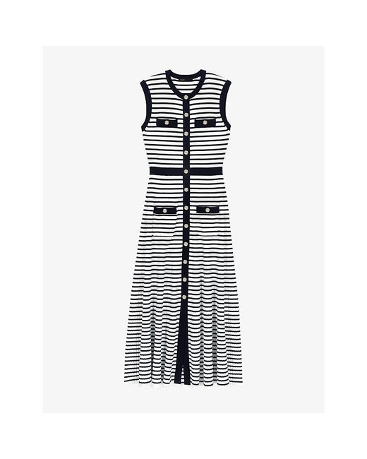 Maje Blue Breton-Stripe Sleeveless Cotton-Blend Maxi Dress
