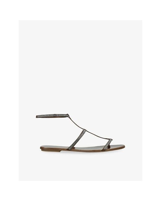 Pedro Garcia Brown Enola Embellished Flat Leather Sandals