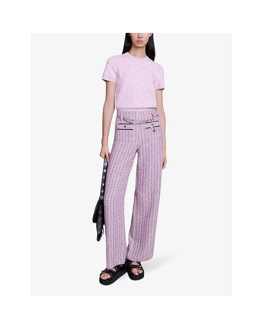 Maje Purple Chain-embellished Wide-leg Tweed Trousers