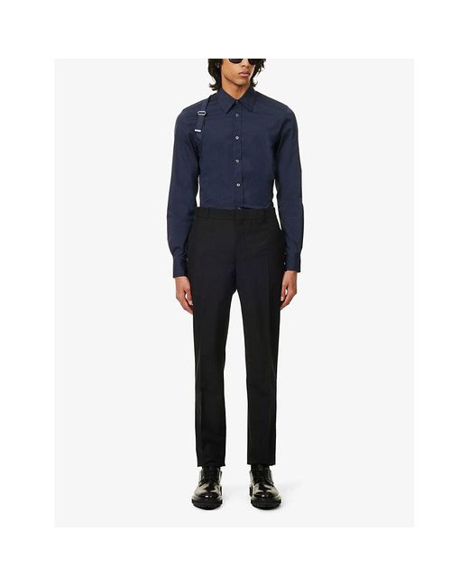 Alexander McQueen Blue Harness-strap Tonal-panel Slim-fit Stretch-cotton Shirt for men