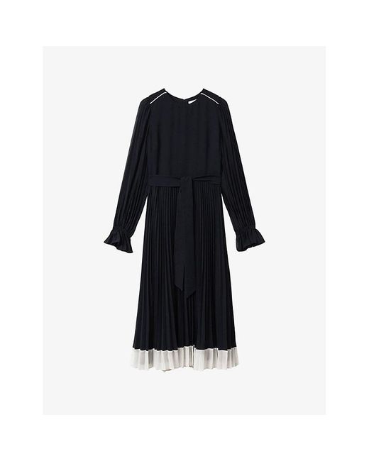 Reiss Black Priya Pleated Woven Midi Dress
